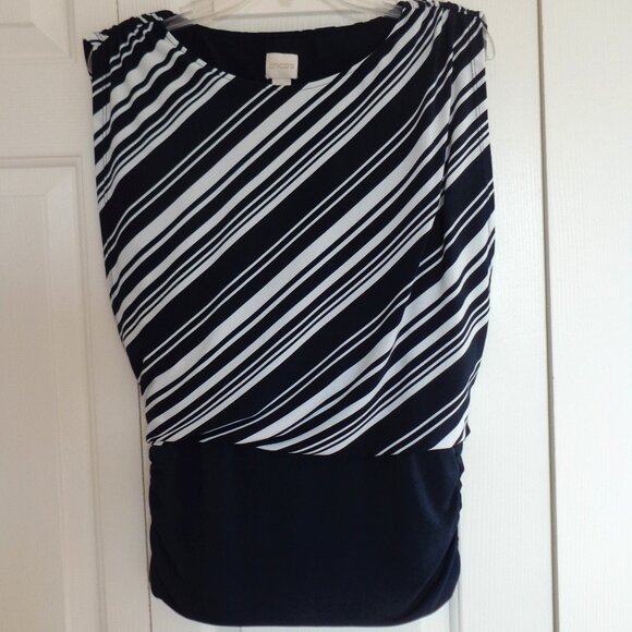 Chico's Womens Black White Pleated Lined Knit Kit Stripe Sleeveless Blouse Sz 0 - Picture 1 of 10
